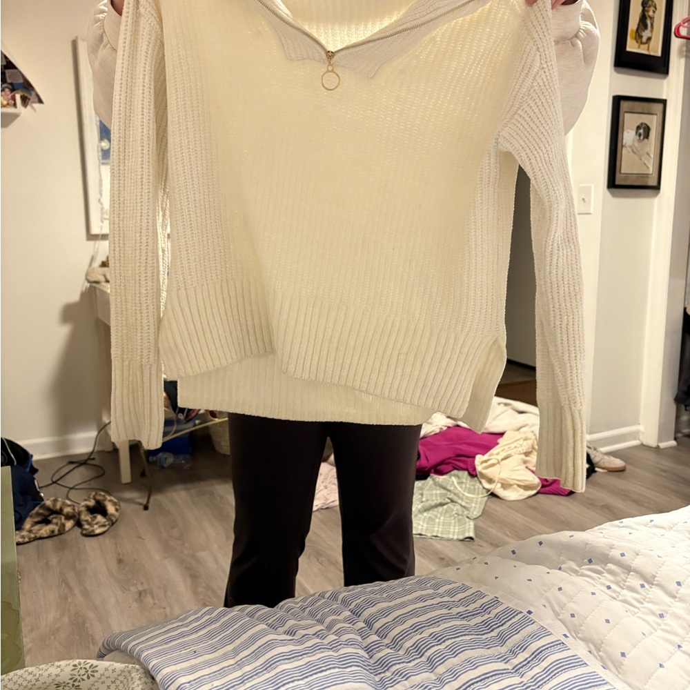 Christian Siriano Cream Zip-Front Ribbed Sweater